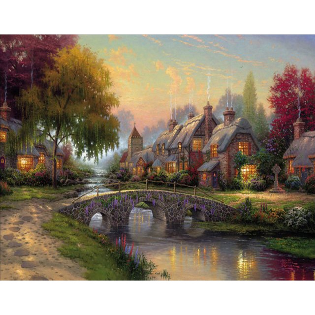 Cobblestone Wall Bridge Decor Beautiful Landscape Oil Painting Print On