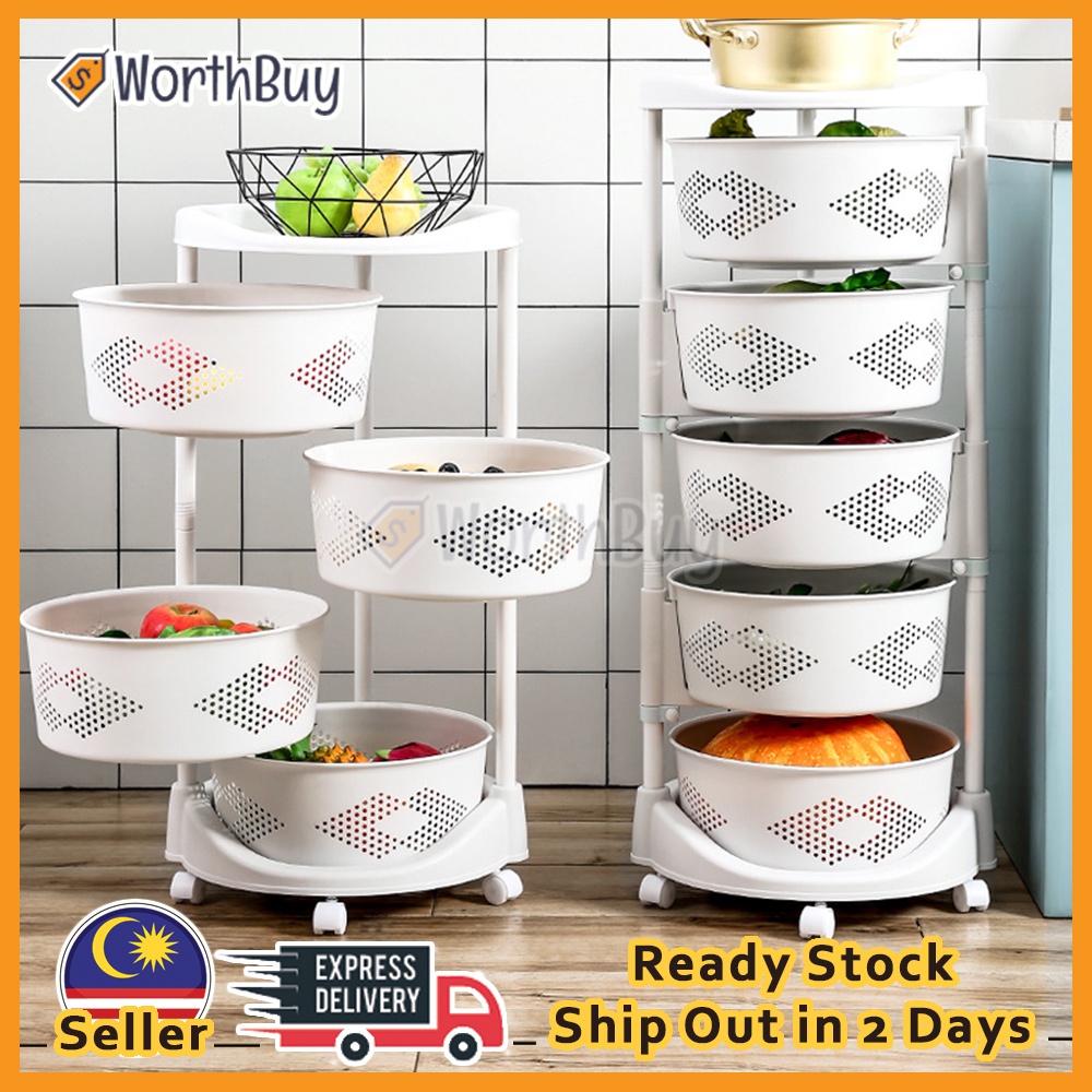 Worthbuy Kitchen Cart Trolley Storage Rack Rotating Trolley Rak Dapur