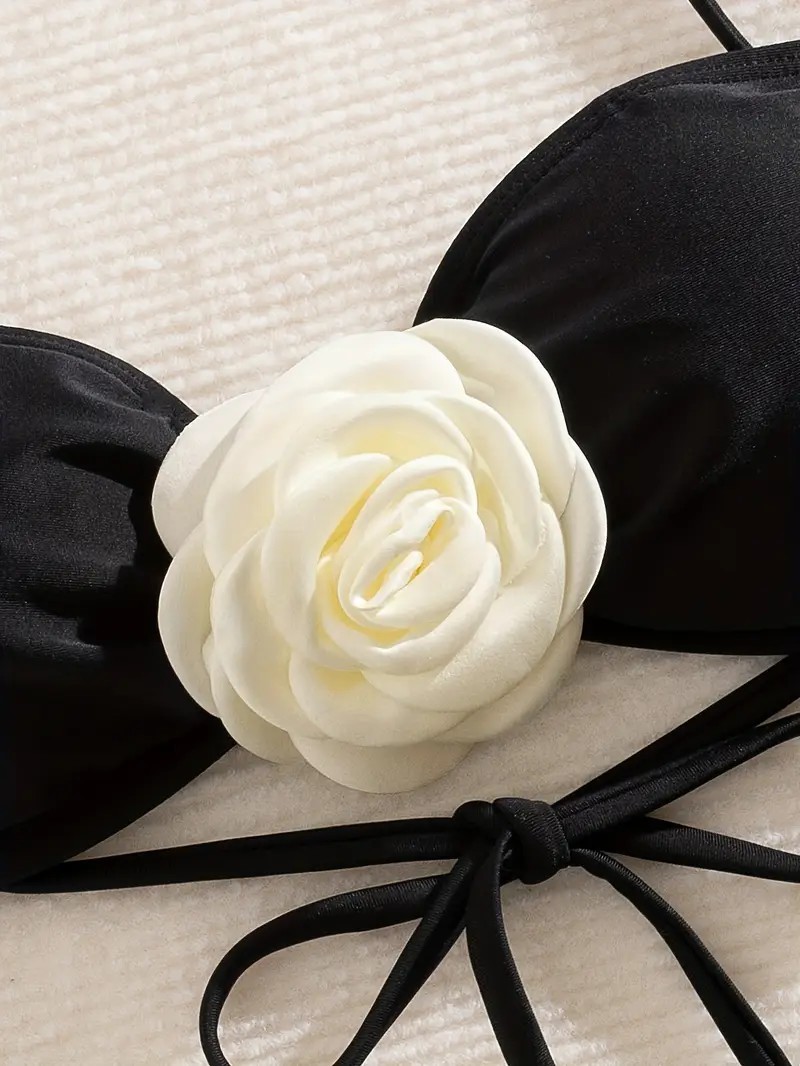 Women Fashion Two Piece Bikini Suit Solid Color Bikini With Flower