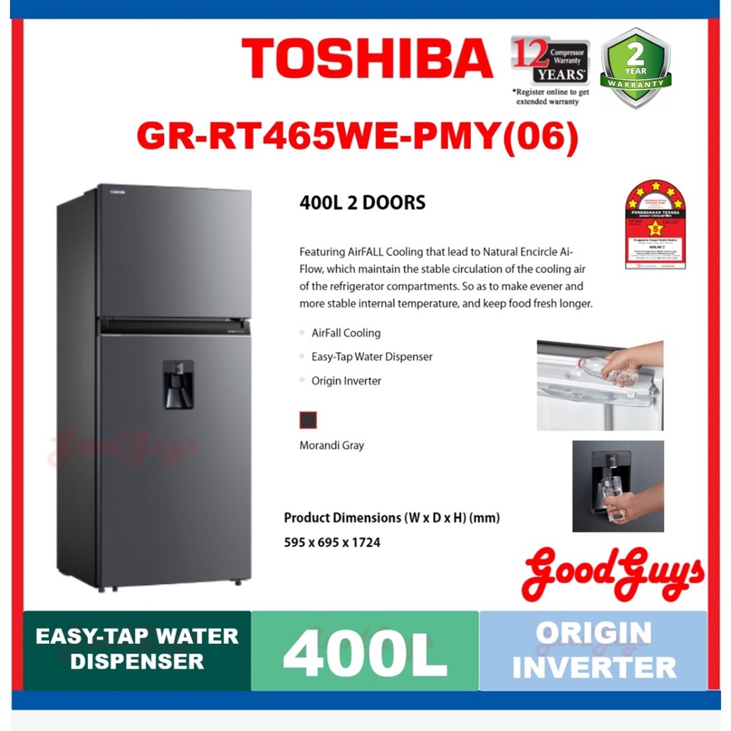 Toshiba GR RT465WE PMY 06 2 Doors Inverter Fridge 400L Water Dispenser