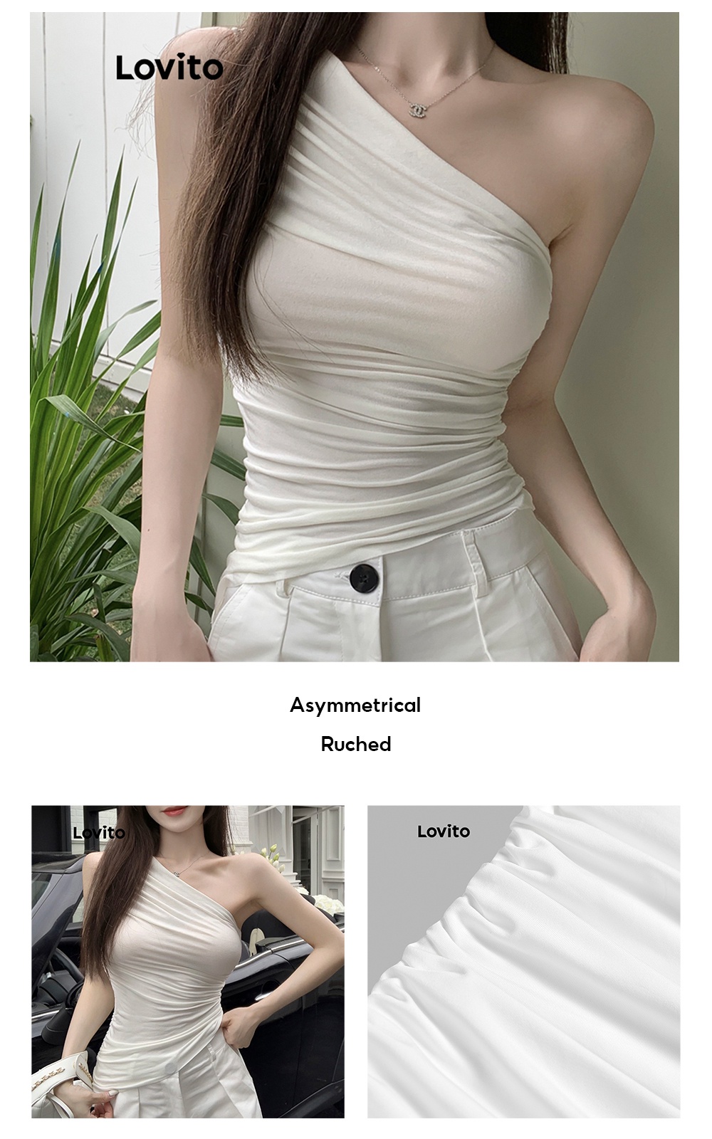 Lovito Casual Plain Asymmetrical Ruched Tank Top For Women Lne