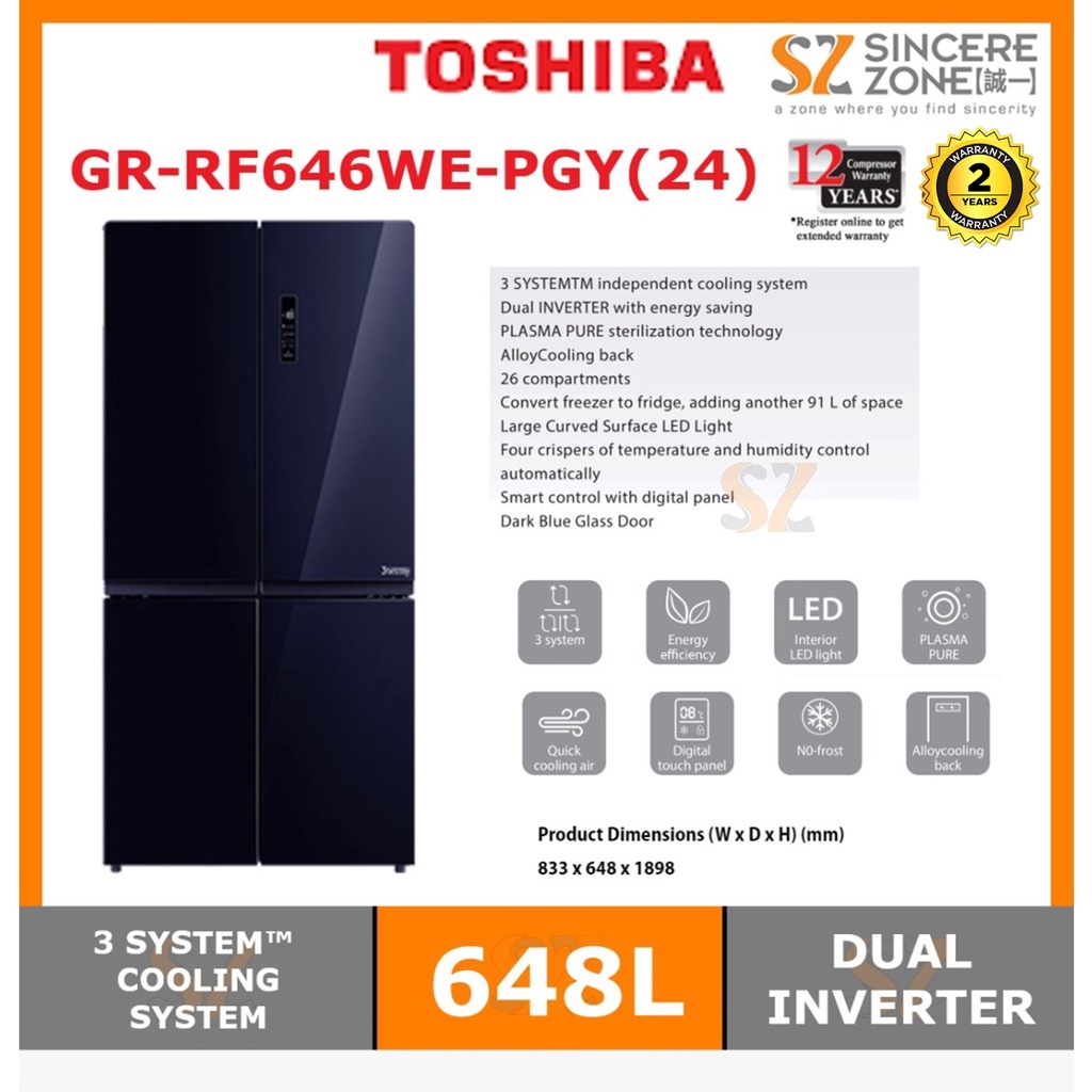 Toshiba Gr Rf We Pgy L Multi Door Inverter Refrigerator Glass