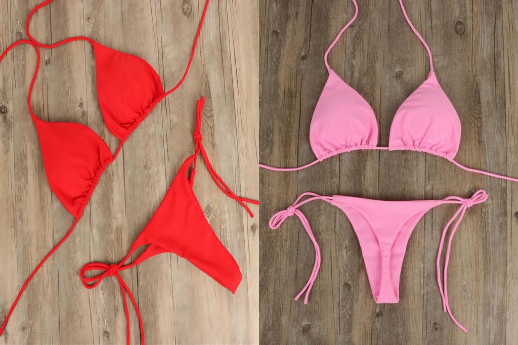 XIA 2 Pcs Set Bikini Set Solid Color Halter Neck Strap Thong Women
