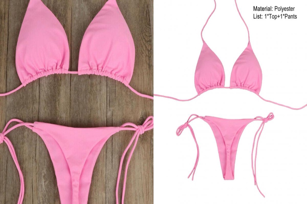 ST Pcs Set Bikini Set Solid Color Halter Neck Strap Thong Women