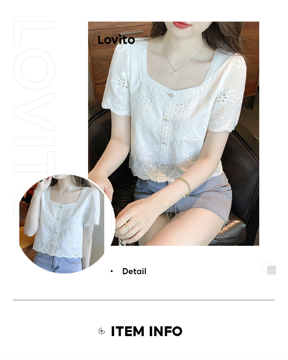 Lovito Casual Plain Eyelet Embroidery Button Front Blouses For Women