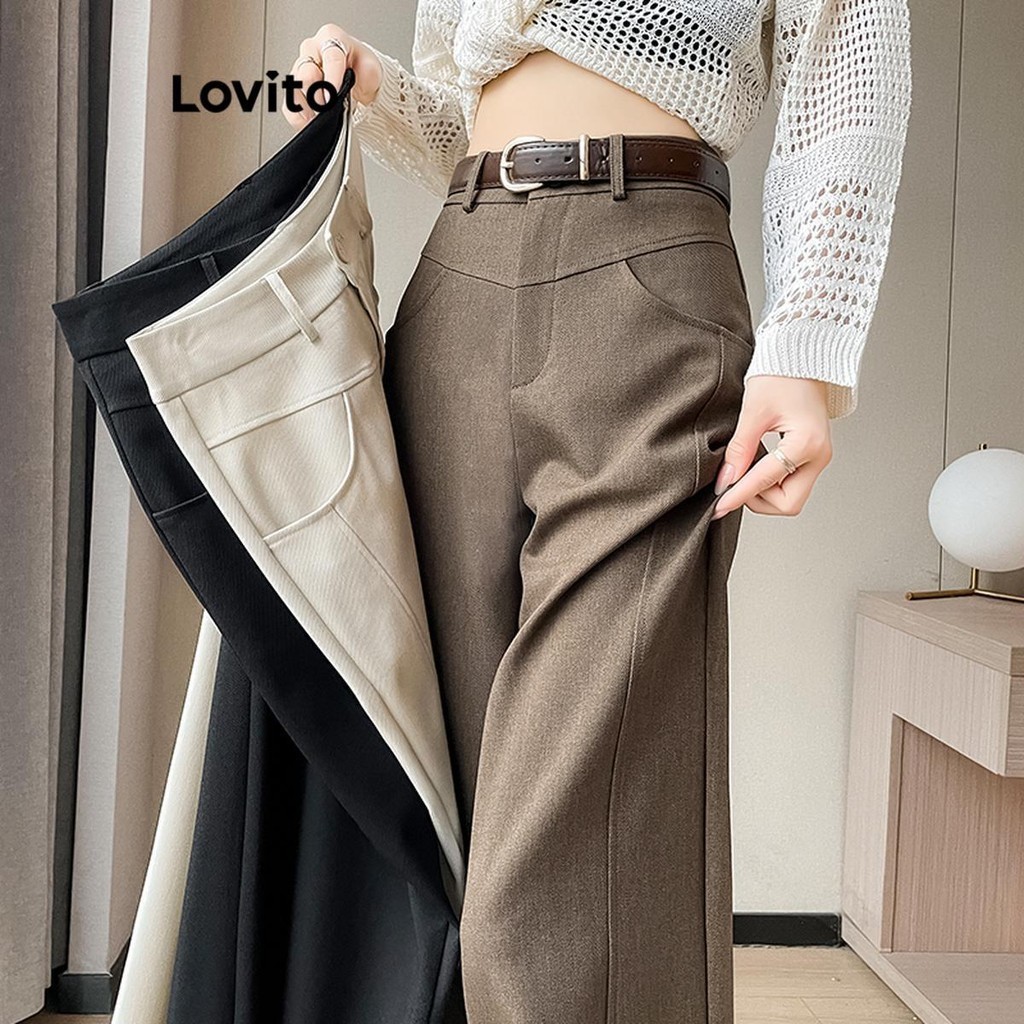 Lovito Women Casual Plain Pocket Structure Line Pants Lne Shopee