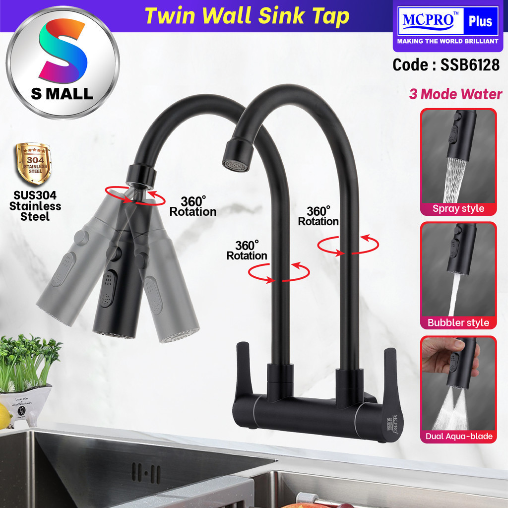 Mcpro Sus Stainless Steel Kitchen Faucet Black Twin Wall Sink Tap