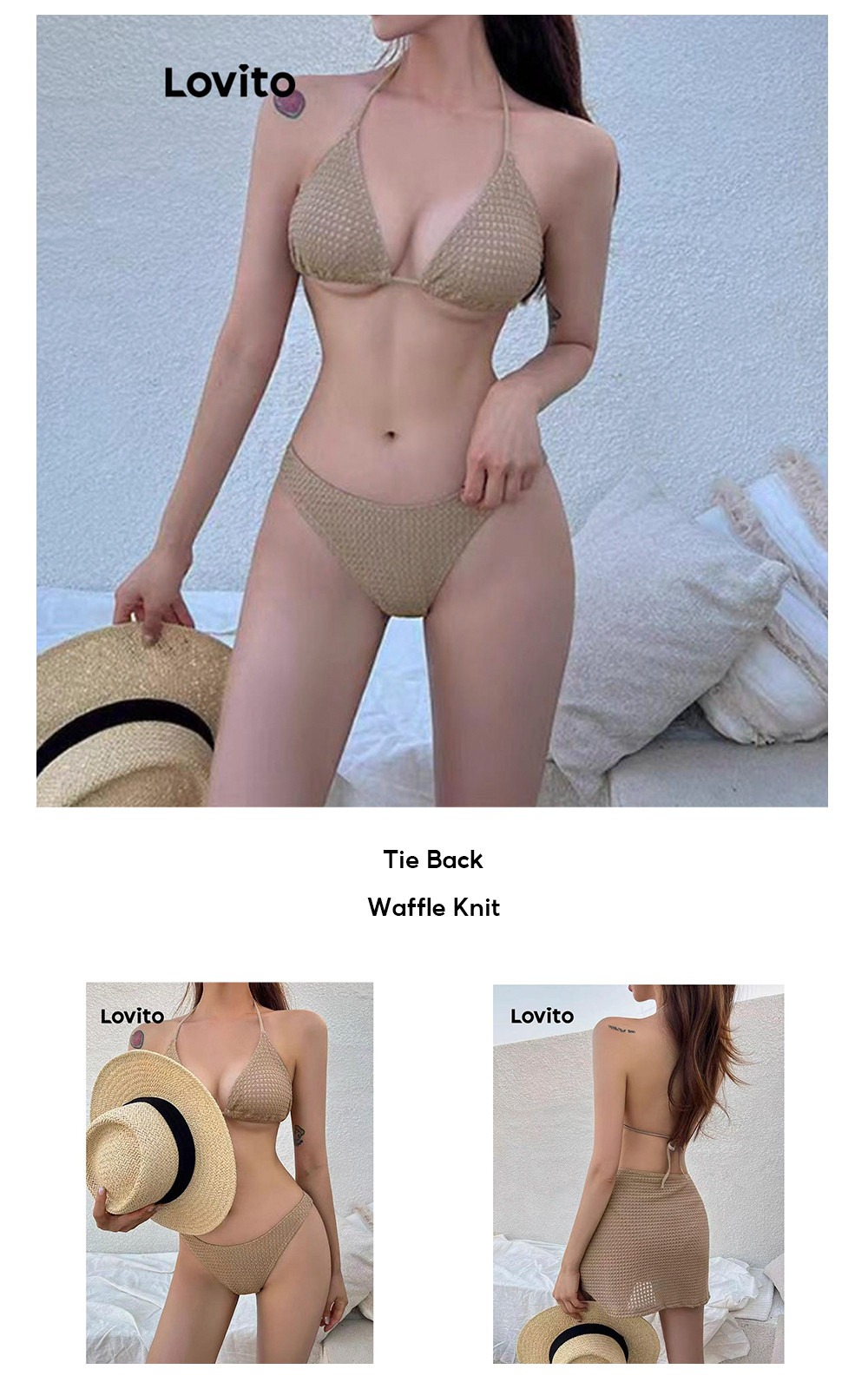 Trendy Lovito Sexy Bikini Sets Plain Tie Back Bikini Sets For Women