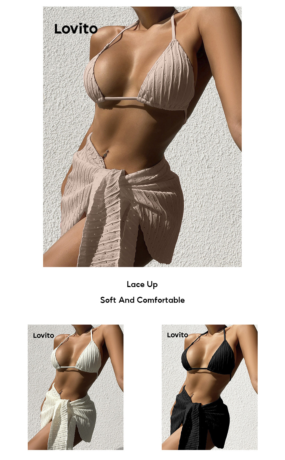 Lovito Sexy Plain Lace Up Bikini Sets For Women Lnl White Pink