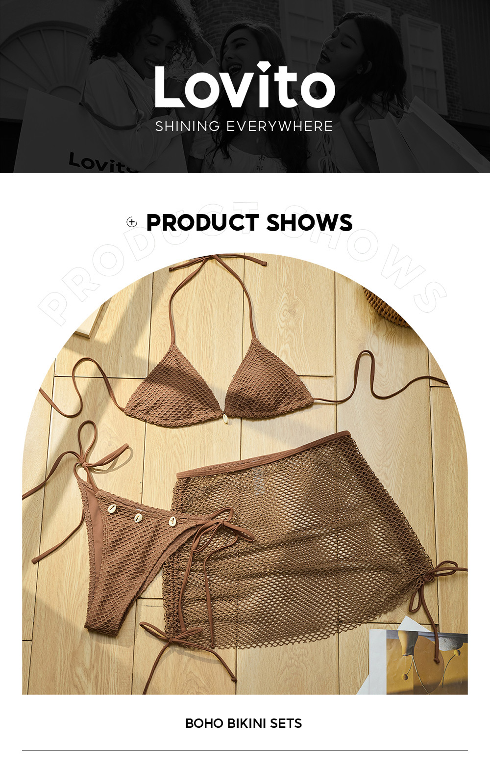 Trendy Lovito Boho Bikini Sets Plain Contrast Mesh Shell Bikini Sets