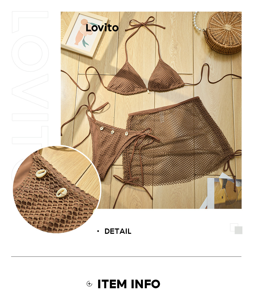 Trendy Lovito Boho Bikini Sets Plain Contrast Mesh Shell Bikini Sets