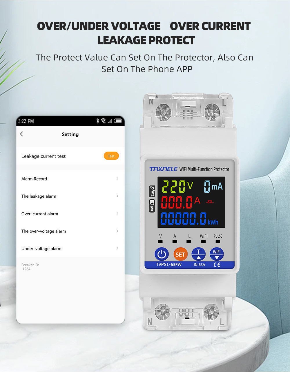 Taxnele A Wifi Tuya Energy Meter Kwh Metering Voltage Earth Leakage