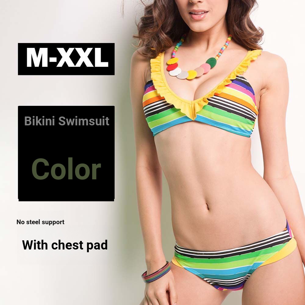 European American Sexy Bikini Ruffled Colorful Striped V Neck Swimsuit