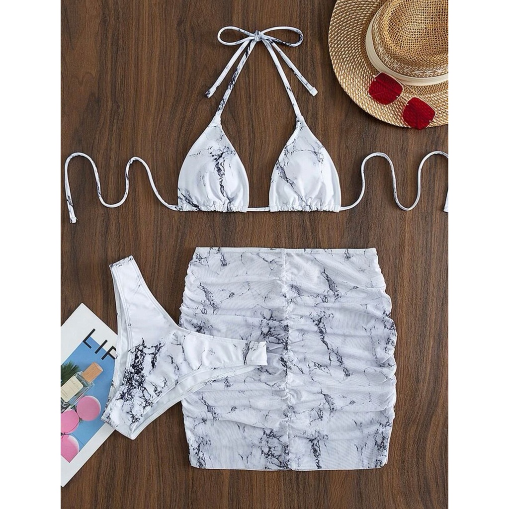 New Woman Marble Printing Swimweare Three Piece Bikini Set Shopee