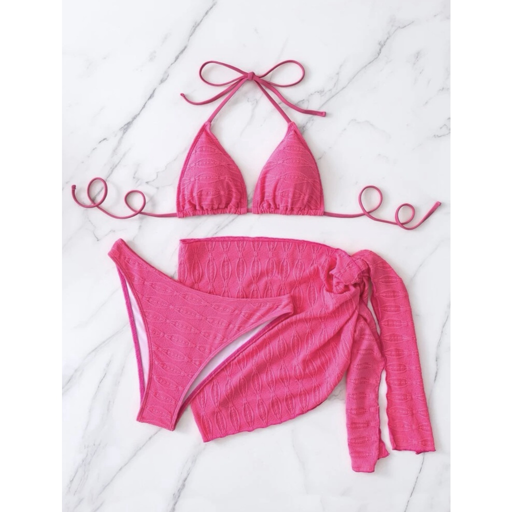 Sexy Woman Solid Color Lace Up Three Piece Bikini Set Shopee Malaysia