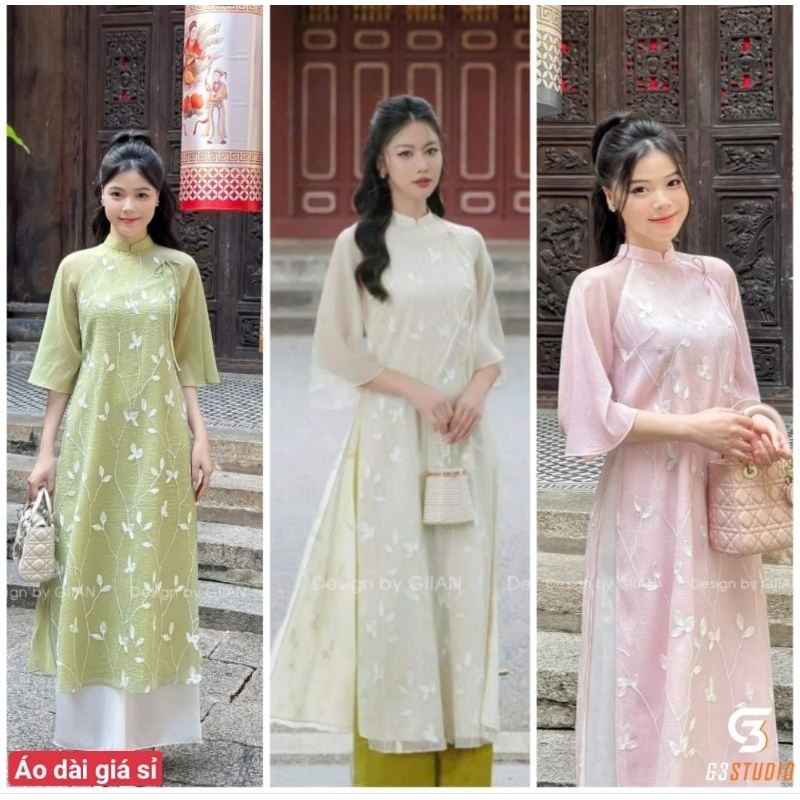 Beautiful Soft Embroidered Silk Ao Dai With Soft Fabric High Quality