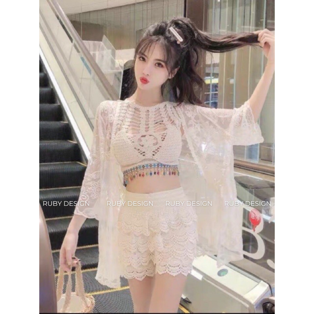 Bikini Set Crochet Lace Beach Set Qccc Bra Lace Brapiece Cape Shorts
