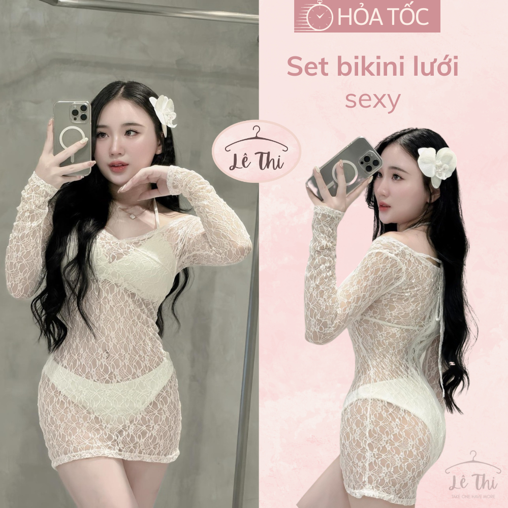 2 Piece Bikini With Sexy Long Sleeved Lace Mesh Lace Dress Sexy Beach