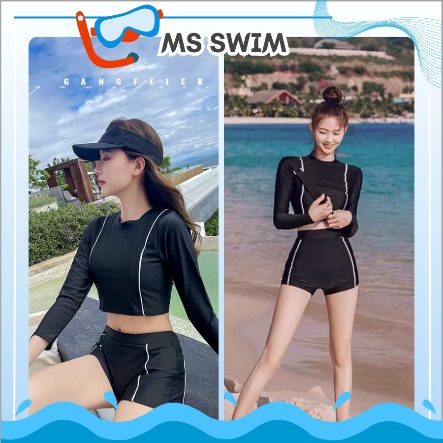 Women S Swimsuit With Long Sleeves And Loose Bikini Black High Waisted