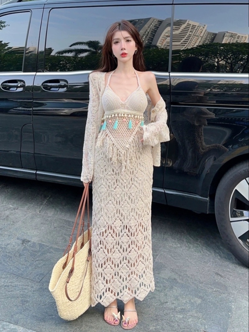 Ship 3 Piece Crochet Lace Bikini Set Piece Long Skirt With Luxurious