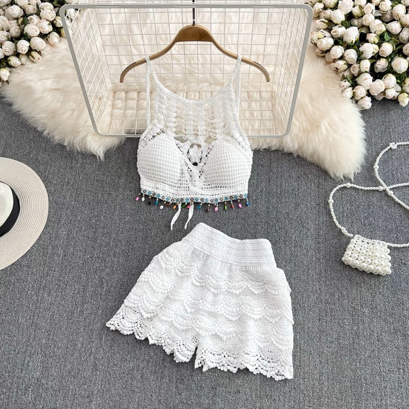 Bikini Set Crochet Lace Beach Set QCCC Bra 3 Lace BraPiece Cape Shorts