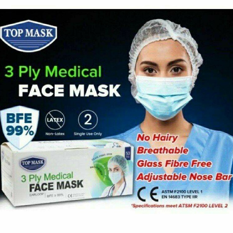 TOP MASK MEDICAL SURGICAL CERTIFIED 3PLY DISPOSABLE FACE MASK EARLOOP ...