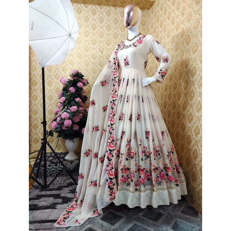 White Georgette Gown With Colorful Sequence Work and Bell Umbrella