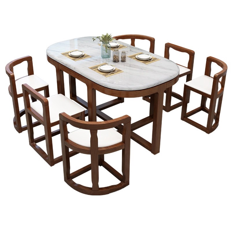 6 Seater Marble Solid Wood Space Saving Dining Table Chair Set ...