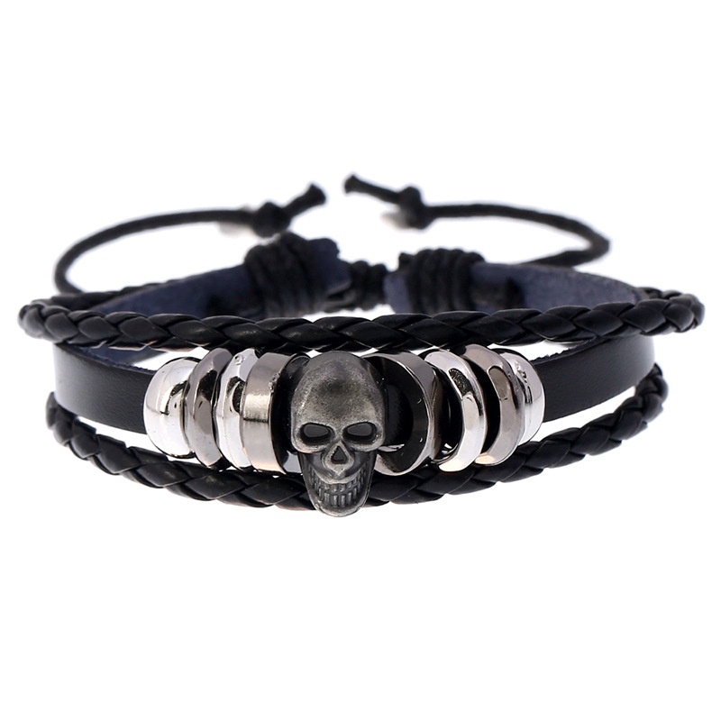 Men's & Women's Black Leather Bracelet - Spade Skull Design, Three-Strand Braid, Punk Vintage Style - View #3