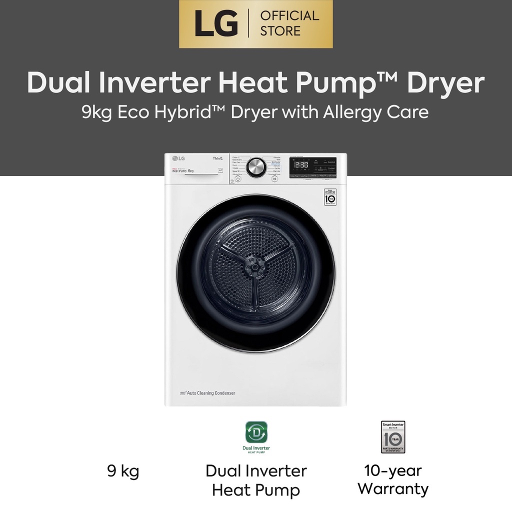LG 9kg Dryer Dual Inverter Heat Pump VDH9066WS with Auto Cleaning