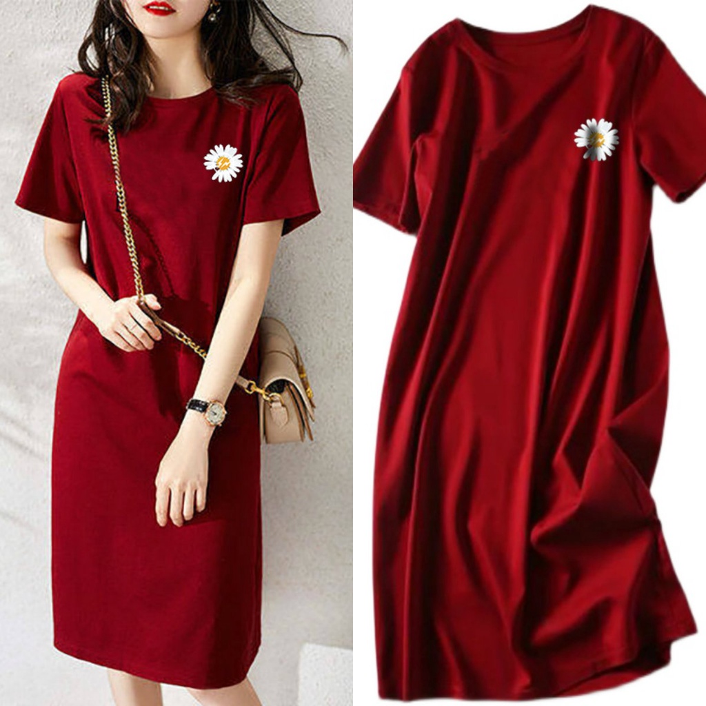 Women's Crew Neck Short Sleeve Midi A-Line Dress Korean Girls Loose