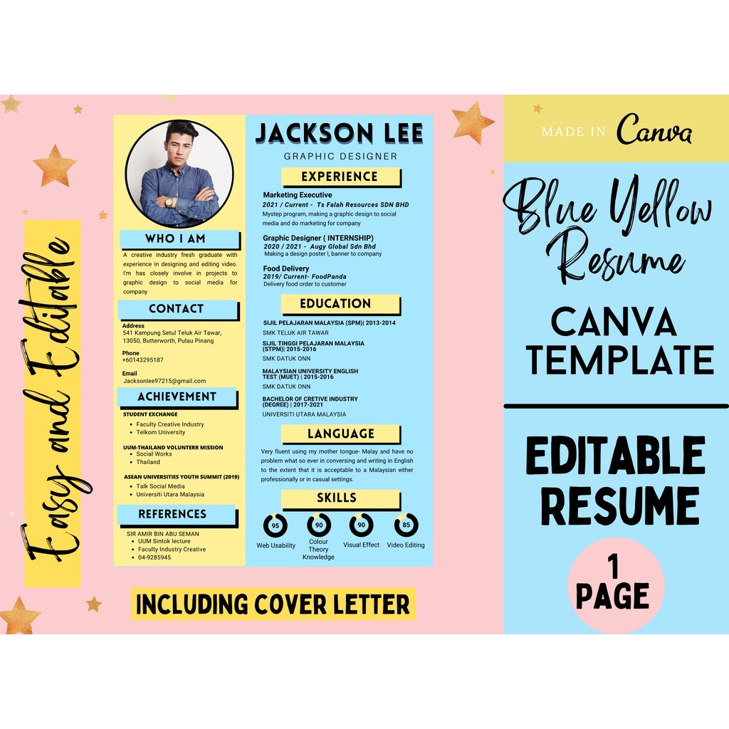 Creative Blue Yellow Resume Template | Canva Template | Fresh Graduate