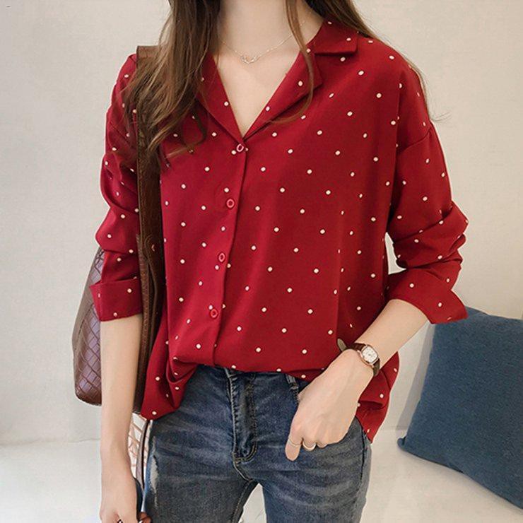 ◈✚☸(NICE & SOFT CHIFFON) WJS Korean Tops Women Blouses Fashion Casual Polka  Dot Shirts Female Bow Long Sleeve Chiffon B