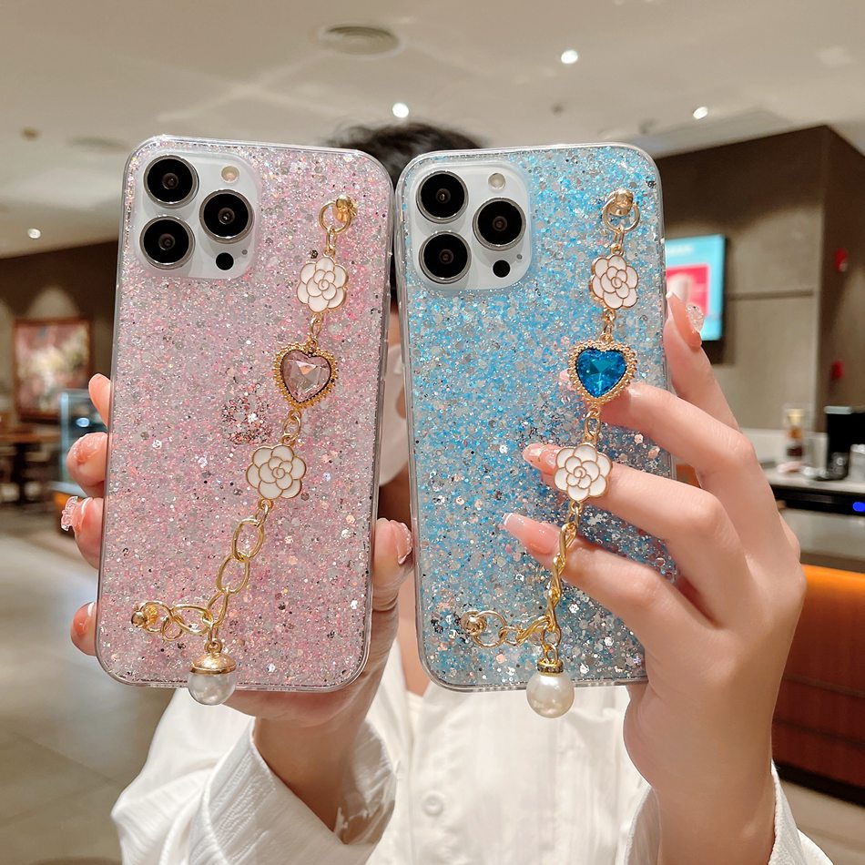 Glitter Case Compatible For iPhone 14 Plus 13 14 Pro Max Luxury Love Gem Flower Chian Case