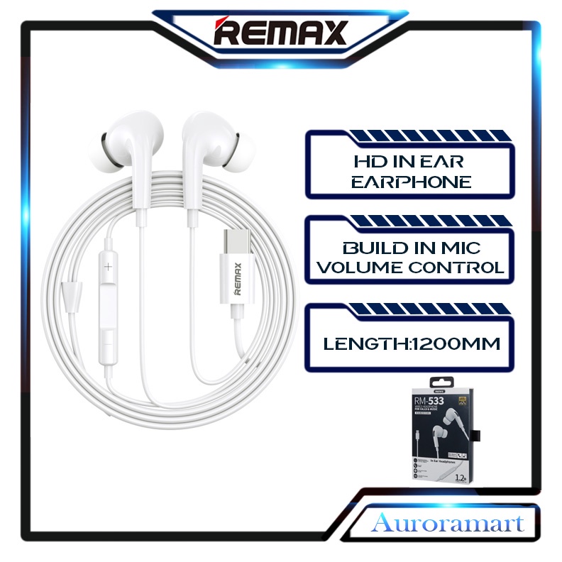 Original Remax Earphone 3.5mm Type C Bass Stereo Wired Earfon With Mic ...