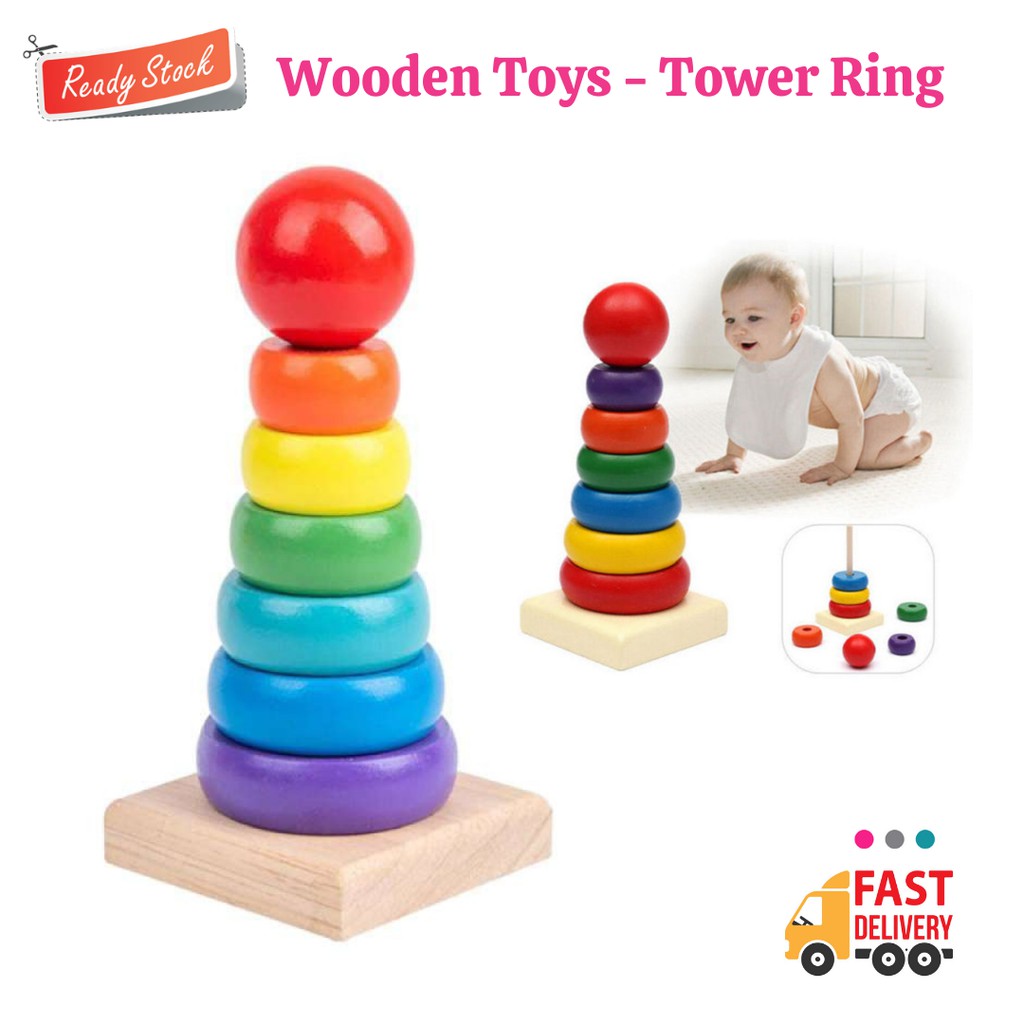 Wooden Educational Toys Kids Stacking Tower Ring Stack Up Rainbow Block ...