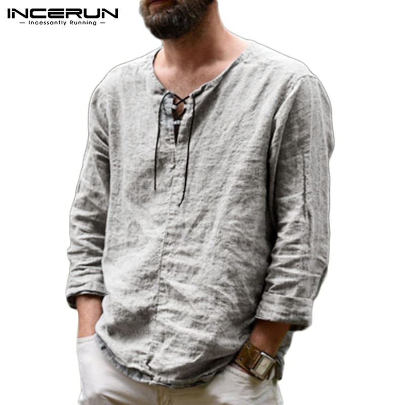 INCERUN Men's Fashion Cotton Long Sleeve Lace Up Plain Baggy T Shirt ...