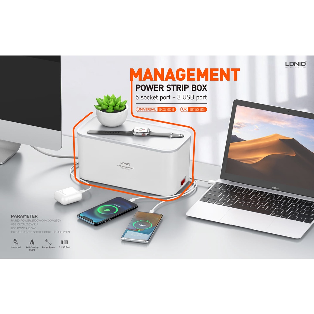 LDNIO SC5309 Management Power Strip Box 5 Socket Port + 3 USB Port
