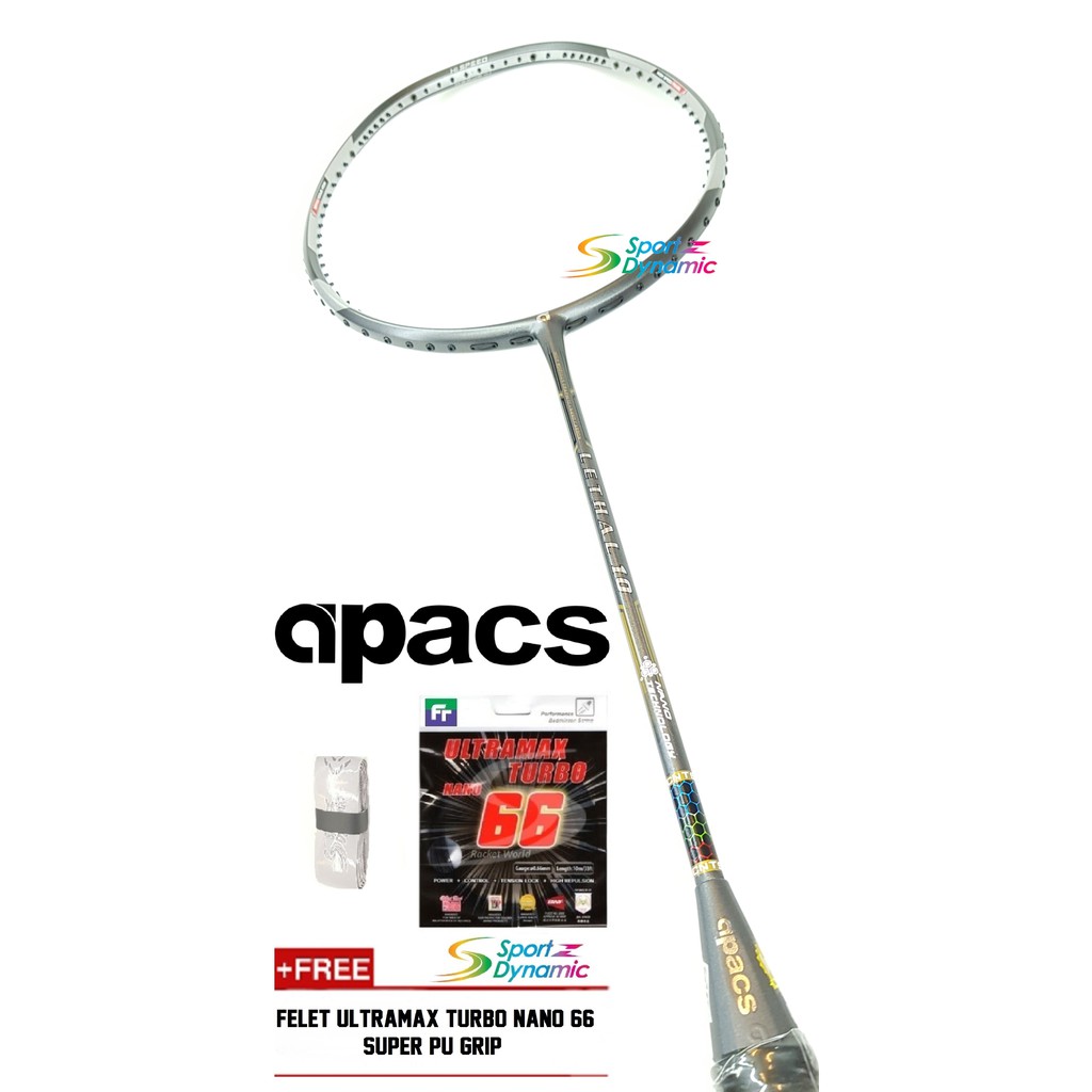 APACS LETHAL 10 BADMINTON RACKET (GREY) & FOC ULTRAMAX TURBO NANO 66 ...