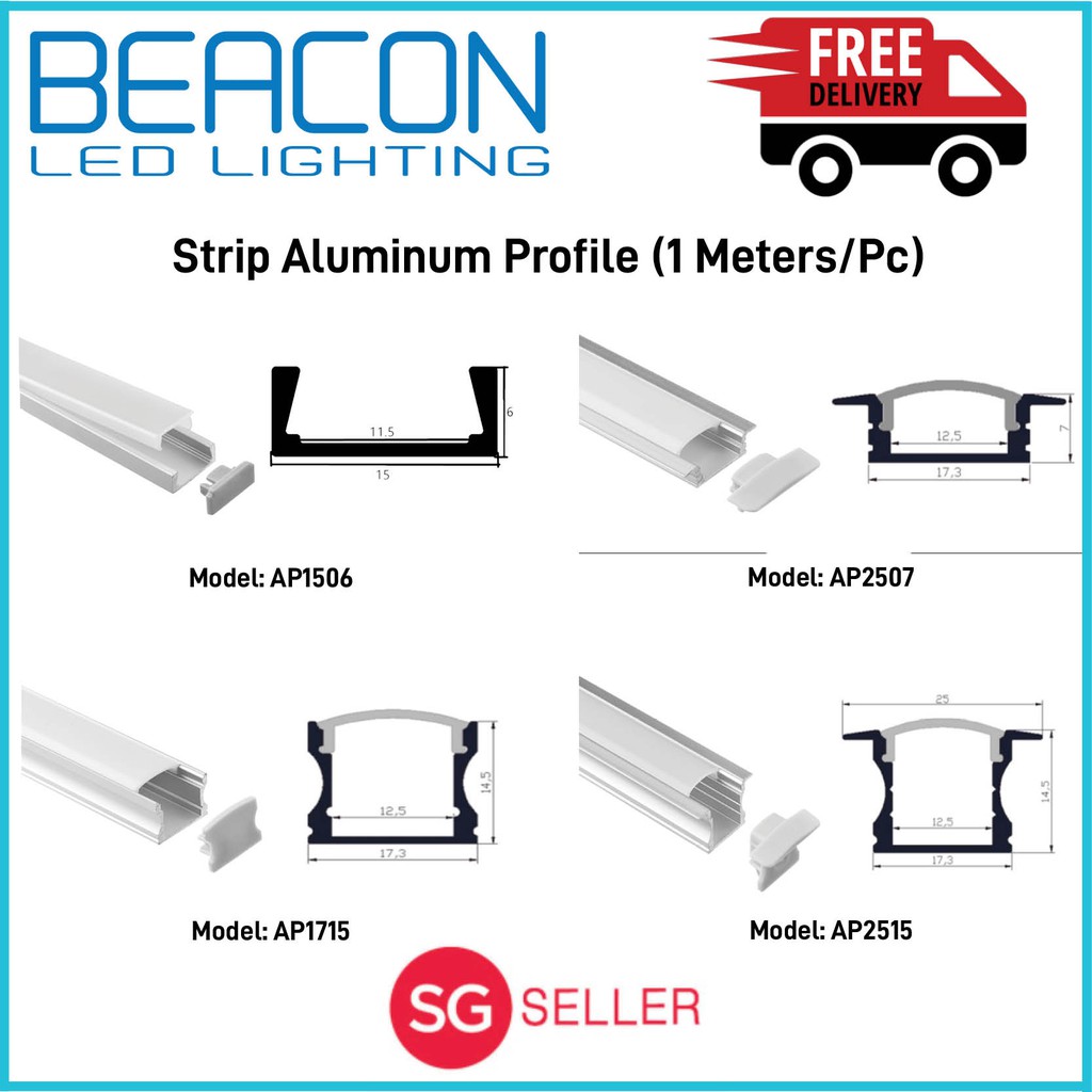 BEACON (Bundle of 2pcs) 1 meters Aluminium Profile for LED Strip Light ...