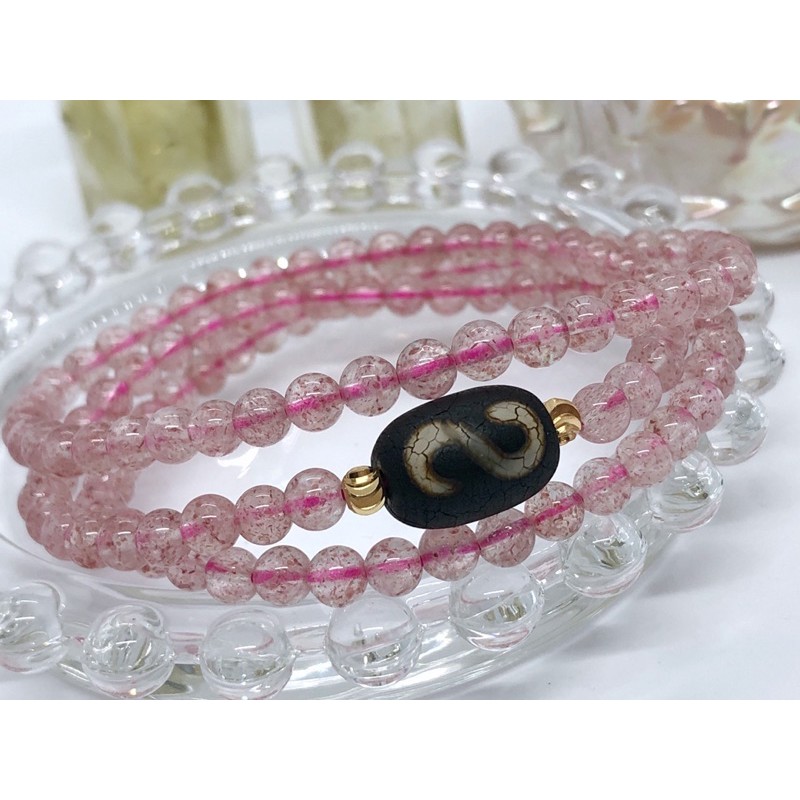 Fire for S Money Hook Dzi Bead with Strawberry Quartz Crystal Three