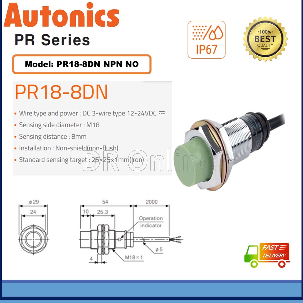 Autonics Proximity Sensor PR18-8DN M18 Sensing 8mm DC3 WIRE NPN NO 12 ...