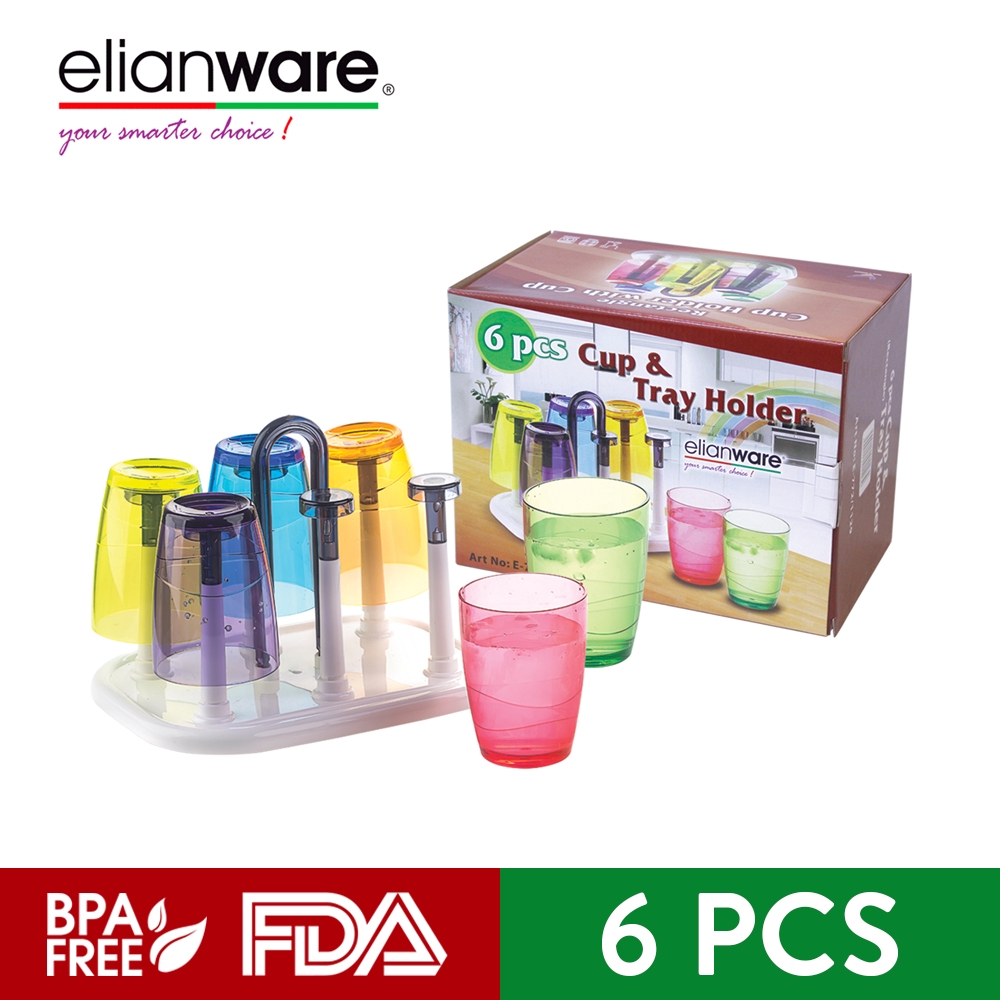 Eilanware Drinking Cup Set with Rectangular Tray Holder (330ml x 6 Pcs
