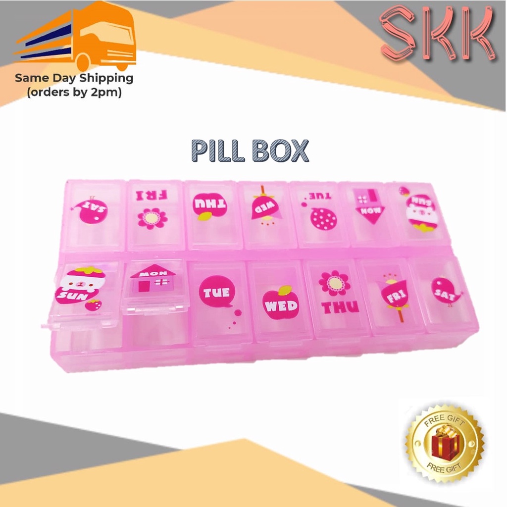 Skk Pill Storage Box Portable Daily Medicine Container 14 Compartment Cute Travel Tablet Box