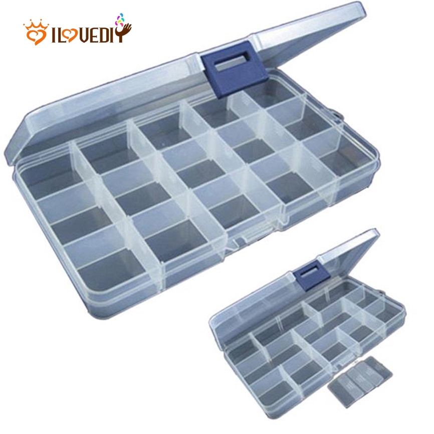 15 Grids Compartments Adjustable Plastic Jewellery Beads Rings Display Storage  Container Boxes / Fishing Lure Hook Tackle Box