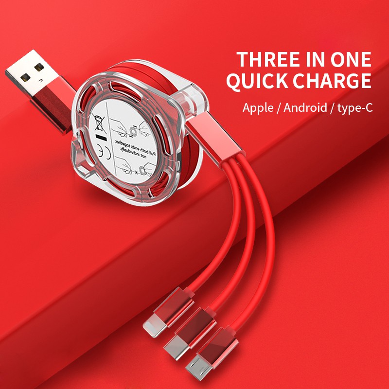 3 In 1 USB Charge Cable iPhone Micro USB Type C Cable Retractable