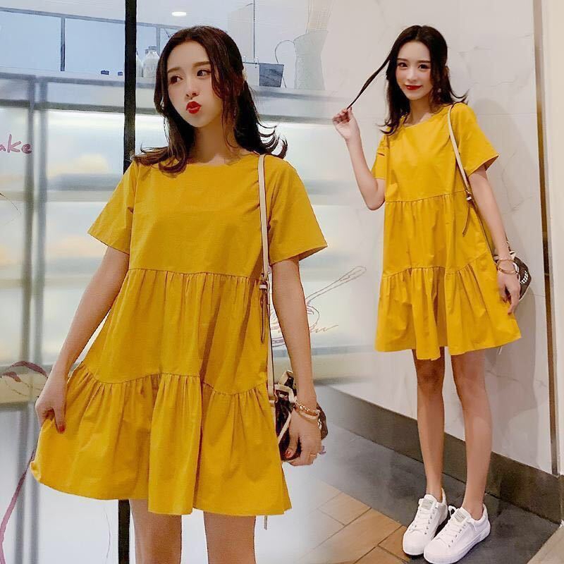 Plus Size Maternity Dress Korean Style Plain Colour Round Neck Short Sleeve High Waist Summer Casual Loose Fit Midi Dresses Pure Color Skater Dress Solid Color Plus Size Dress Shopee Malaysia