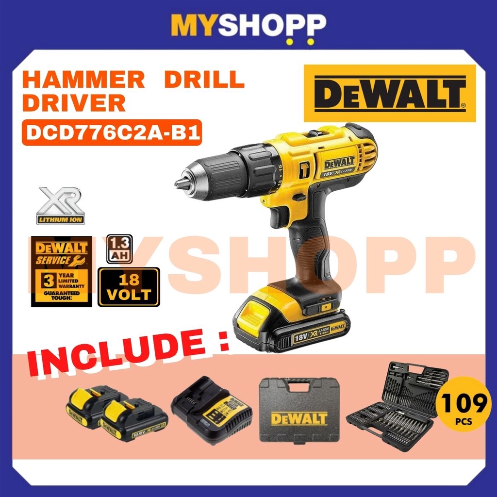 DEWALT 18V XR LI-Ion Compact Hammer Drill Driver [DCD776C2A-B1] [Free ...