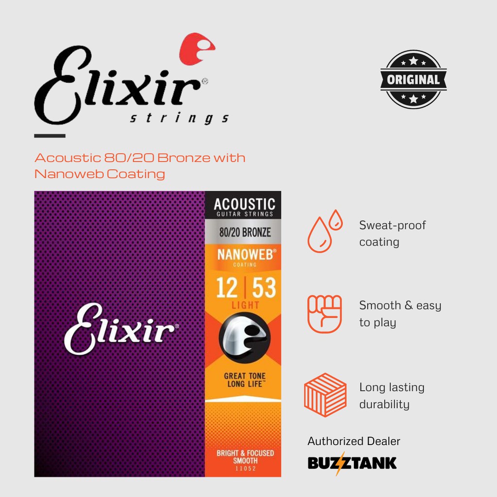 Elixir Nanoweb Acoustic Guitar Strings 80 20 Bronze 10 11 12 Gauges
