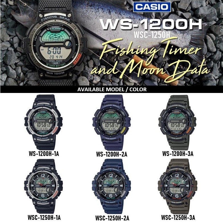( FISHING TIMER ) 100% Original Casio WS-1200H-1A WS-1200H-2A WS-1200H ...
